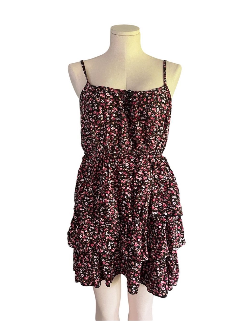 1990s Passport Black Floral Mini Dress with Pink & White Flowers